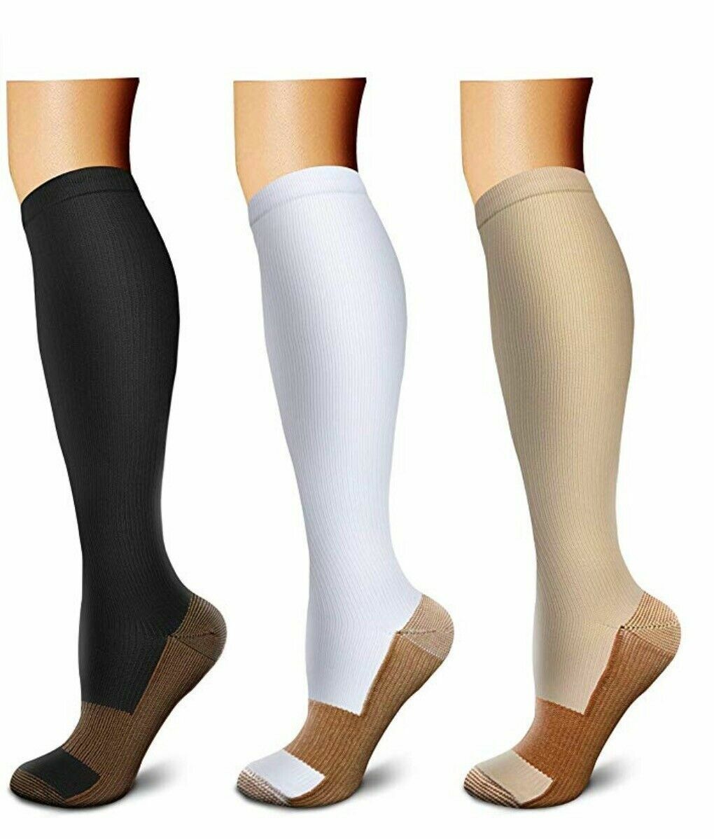 (3 Pairs) (S-XXXL) Copper Compression Support Socks 20-30mmHg Knee High Unisex Copper Compression Socks Does Not Apply