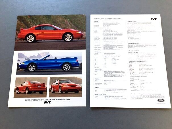 1998 Ford Mustang SVT Cobra 1-page Sales Brochure Fact Sheet Без бренда Mustang
