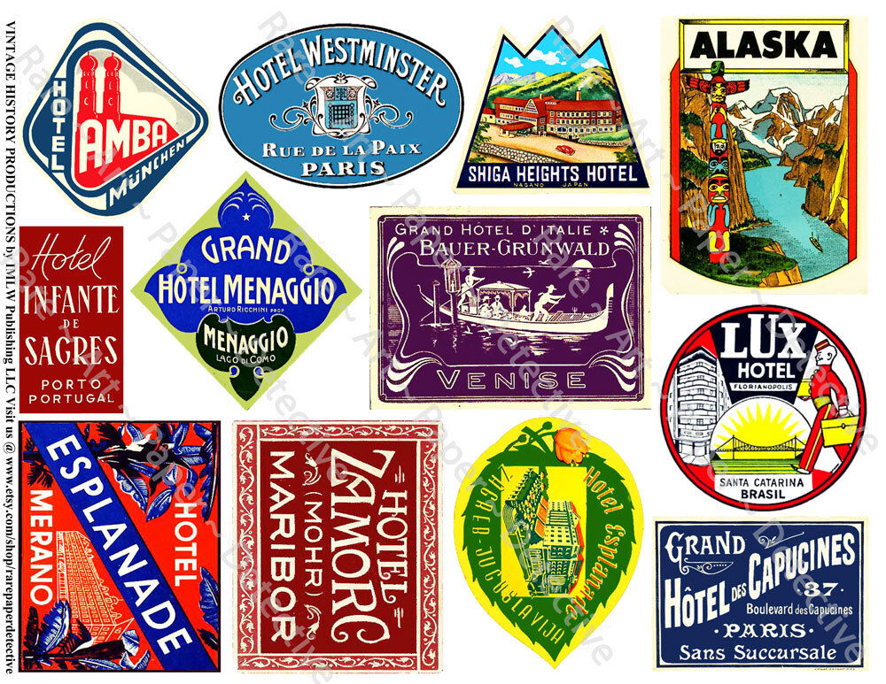 Hotel Luggage Labels, 2 Sticker Sheets, Baggage Labels, Vintage Travel Art Paper IMLW Publishing