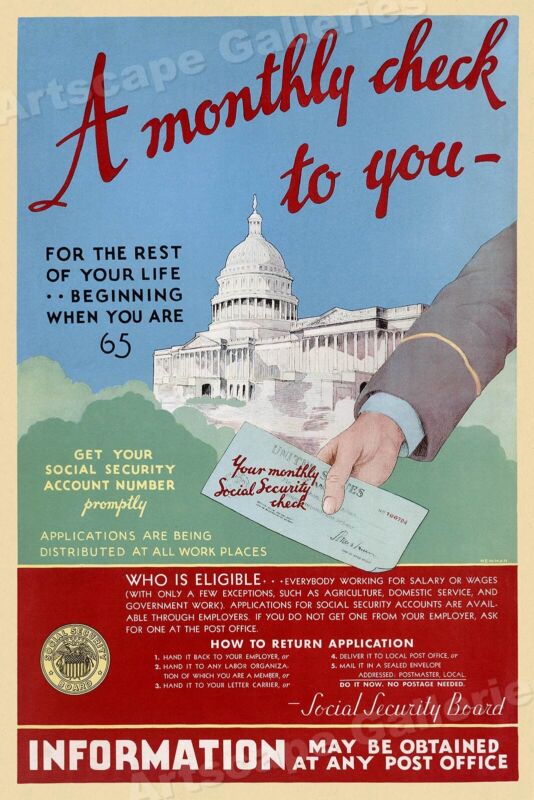 1935 Social Security "A Monthly Check To You" Advertising Poster - 16x24 Без бренда