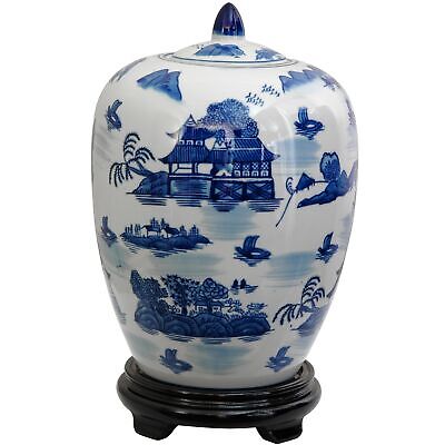 Oriental Furniture 11" Landscape Blue & White Porcelain Vase Jar Red Lantern BW-JAR1-BWLS