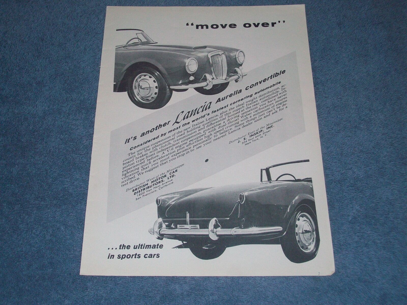 1957 Lancia Aurelia Convertible Vintage Ad "Move Over" Без бренда