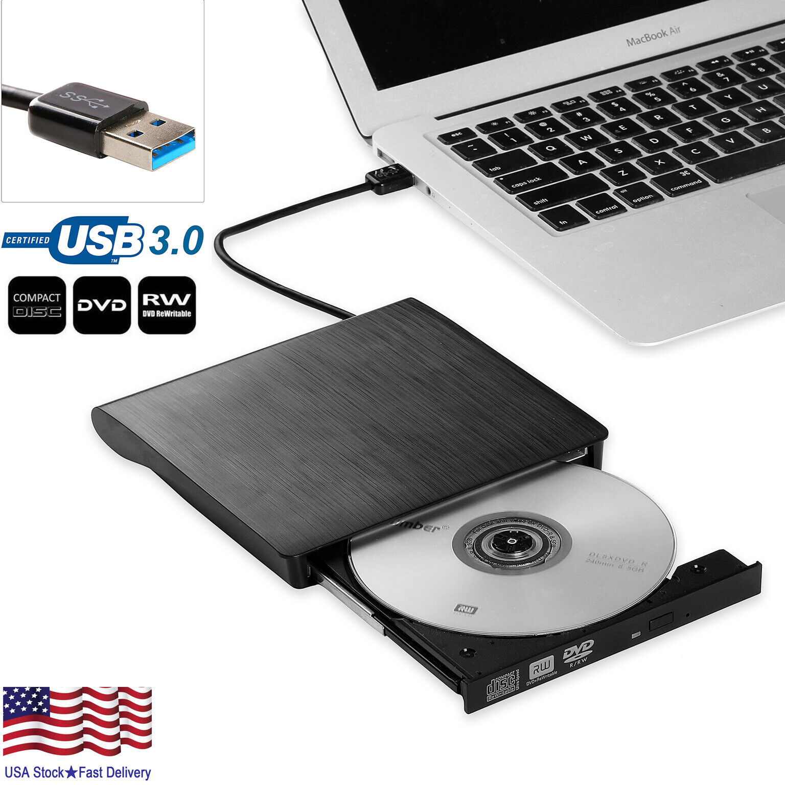 Slim External USB 3.0 DVD RW CD Writer Drive Burner Reader Player For Laptop PC Unbranded/Generic Does not apply