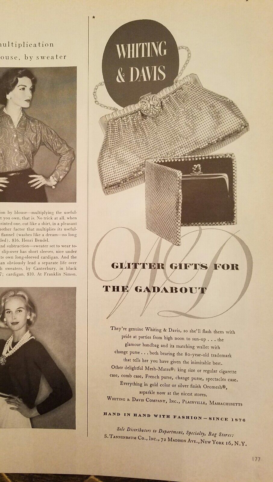 1956 WHITING & DAVIS Mesh handbag  matching wallet with change purse ad Без бренда