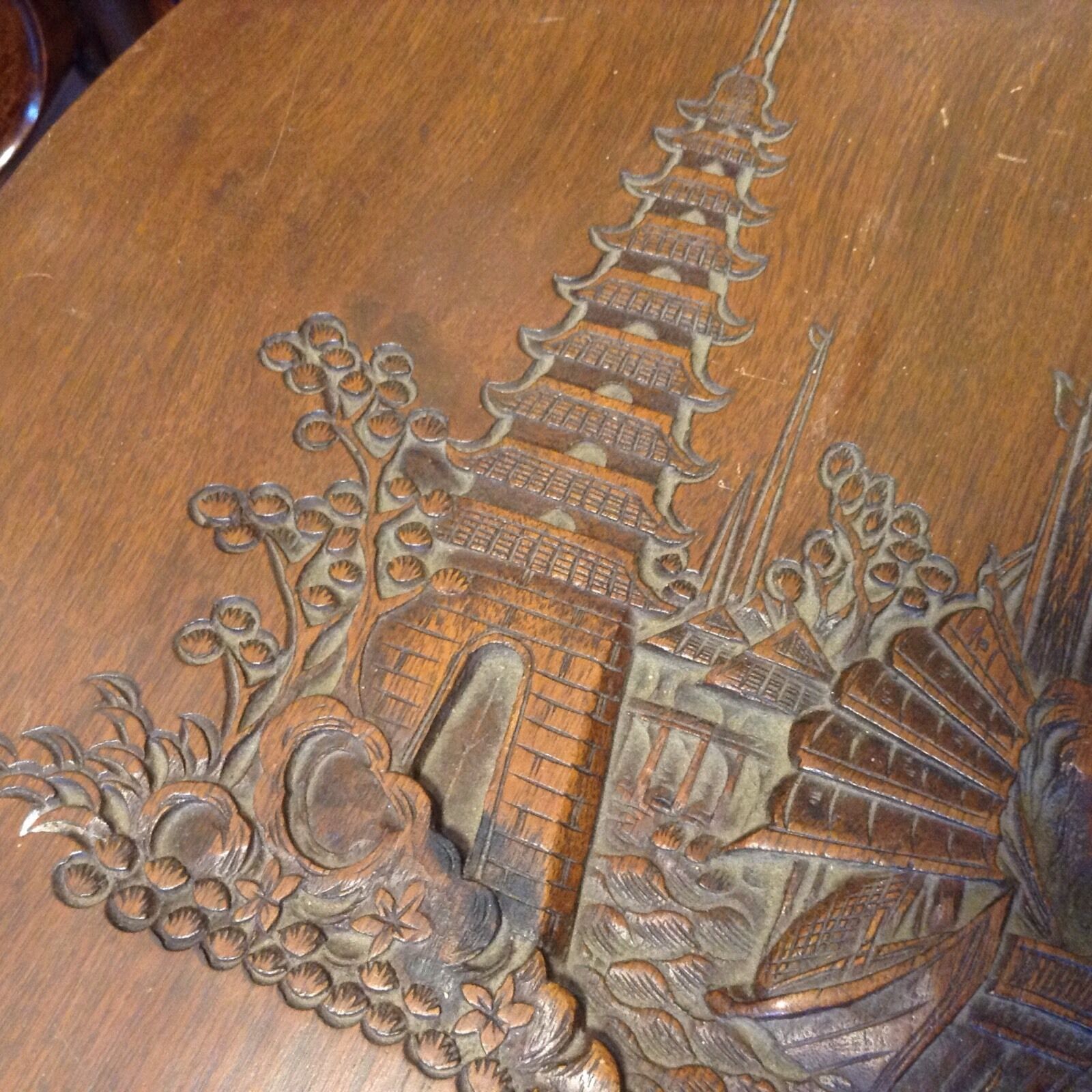 Antique Chinese Hand Carved Walnut Wood Table Relief Art Tower Junk Ship Kiri Без бренда - фотография #5