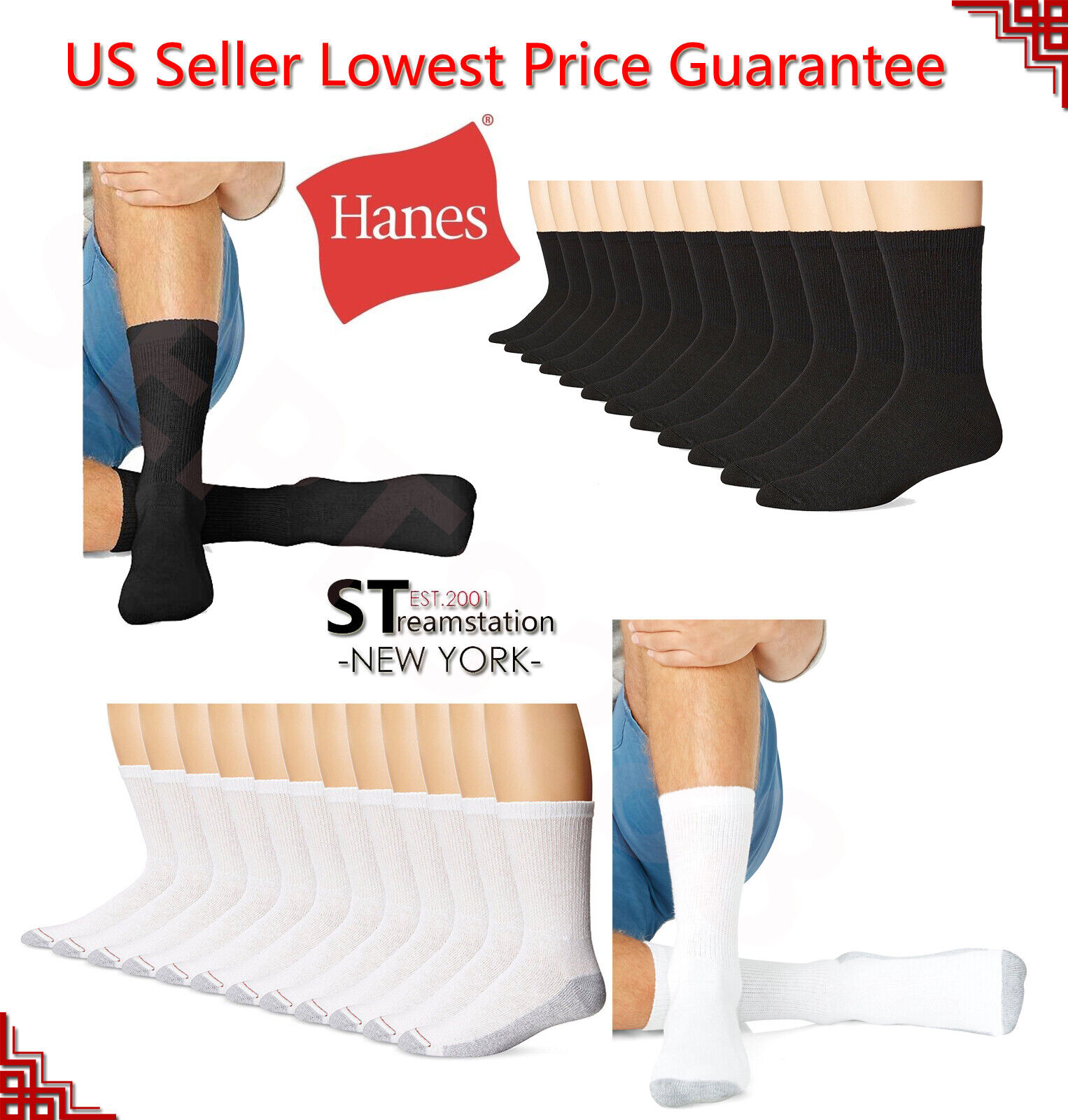 Hanes Premium Men's Crew Socks White Black Gray Socks Size:10-13/Shoe Size:6-12 Hanes