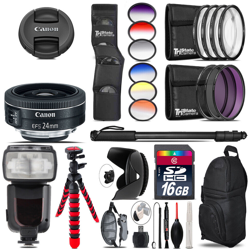 Canon EF-S 24mm f/2.8 STM Lens + Pro Flash + Filter Kit - 16GB Accessory Kit Canon Does Not Apply