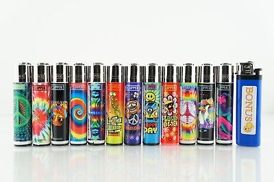 12 pcs Refillable Clipper Full Size Lighters Hippi And Trip Collection + Bonus Clipper