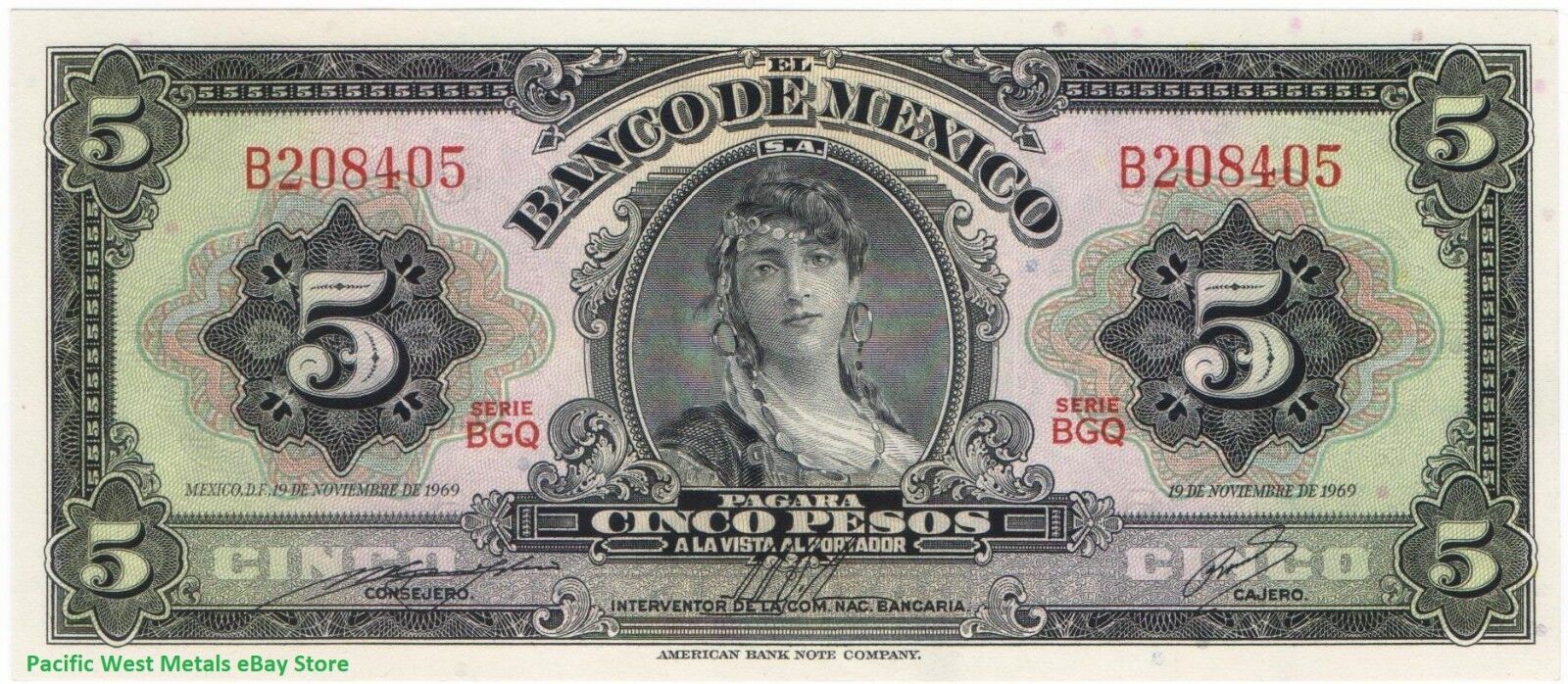 1969 Mexico 5 Pesos GYPSY UNC Mexican banknote Billete Cinco SERIE BGT PREFIX P Без бренда - фотография #3
