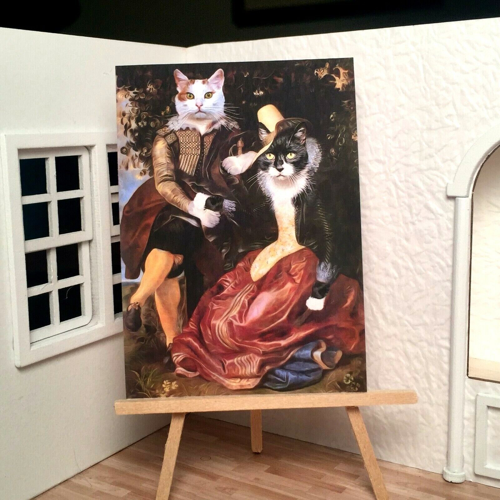 Miniature Dollhouse Shadow Box Art Renaissance Cat Couple Painting Handmade  Без бренда