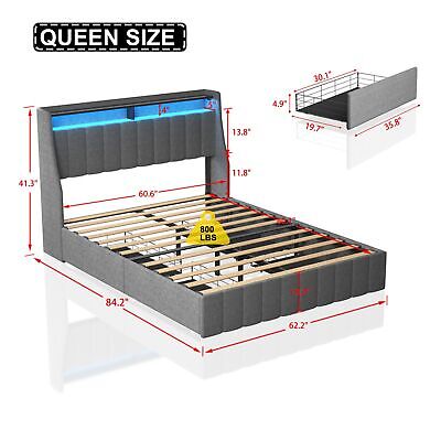 Queen for extra storage space size LED bed frame with winged headboard design Unbranded - фотография #11