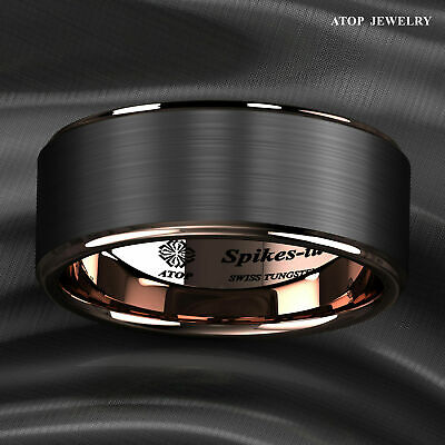 Tungsten Carbide ring rose gold black brushed Wedding Band Ring men's jewelry ATOP - фотография #5