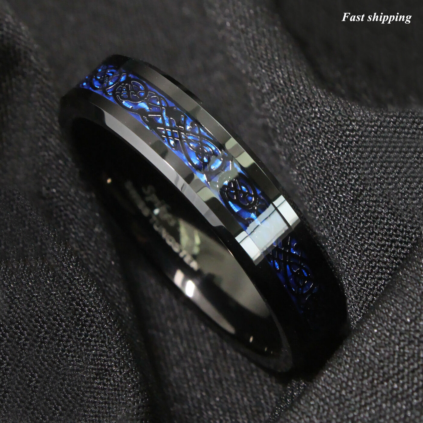 8/6mm Tungsten Carbide Ring Black Celtic Dragon Blue carbon fibre ATOP Jewelry ATOP - фотография #9