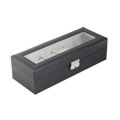 6 Slot Carbon Fiber Watch Box Display Case Jewelry Organizer Case Holder - Black Plixio Does Not Apply - фотография #2
