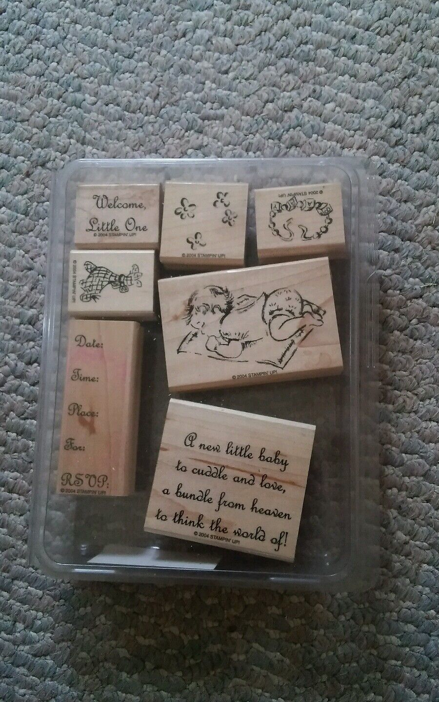 Vintage Stampin Up 2004 Welcome Little One 7 Stamp Set in Plastic Case Nice Без бренда