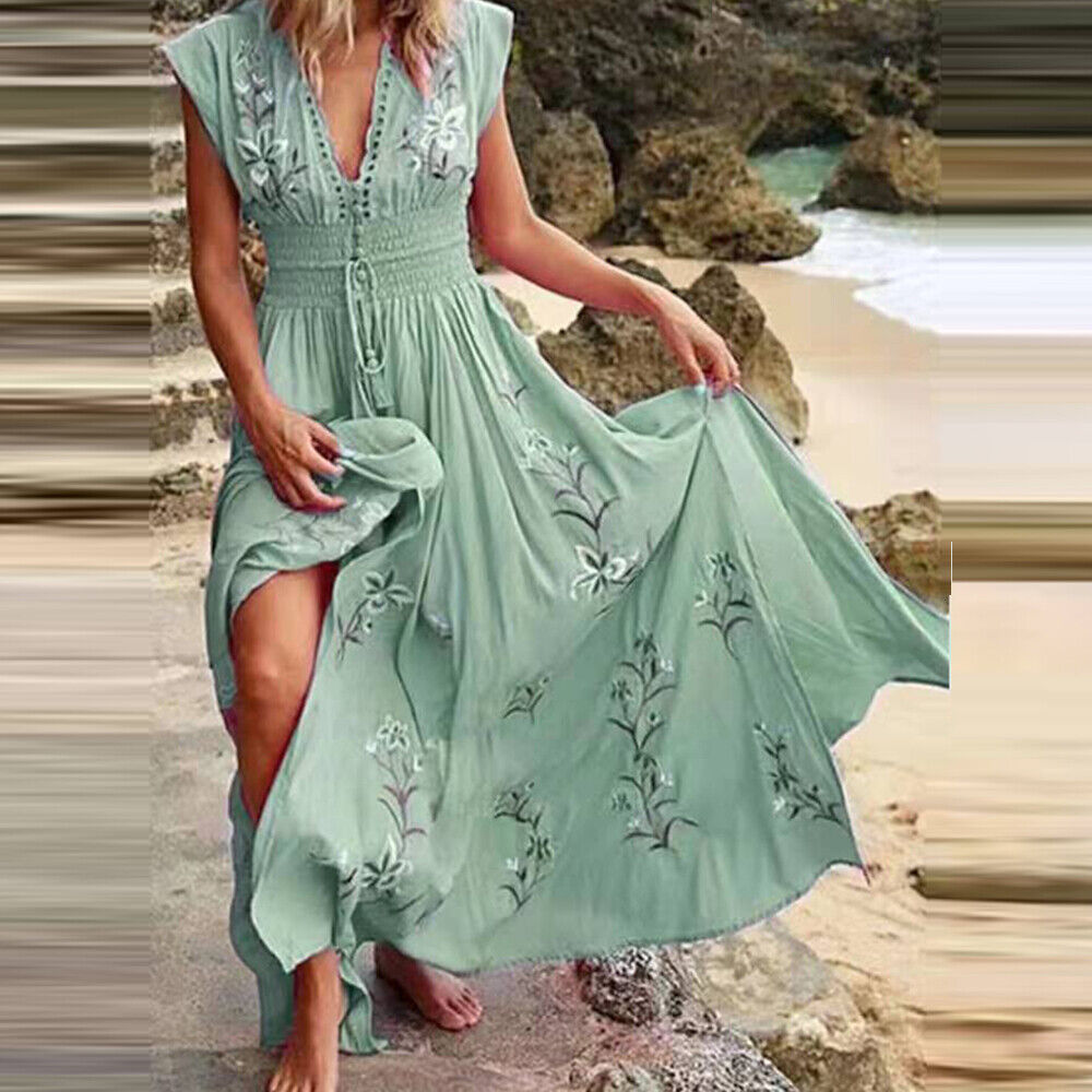 Womens Boho Floral Maxi Dress Ladies V Neck Summer Beach Holiday Long Sundress Unbranded Does Not Apply - фотография #12