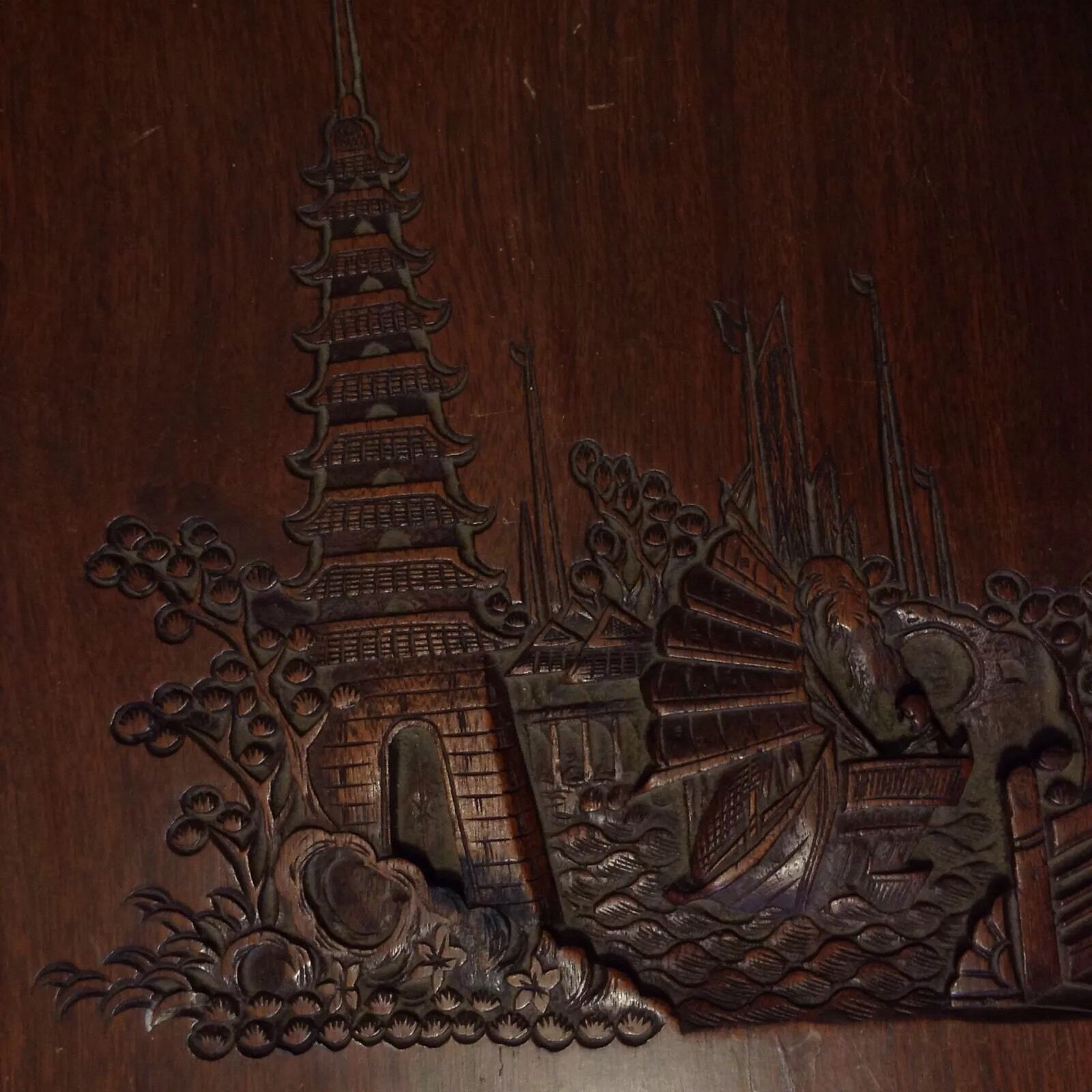 Antique Chinese Hand Carved Walnut Wood Table Relief Art Tower Junk Ship Kiri Без бренда - фотография #6