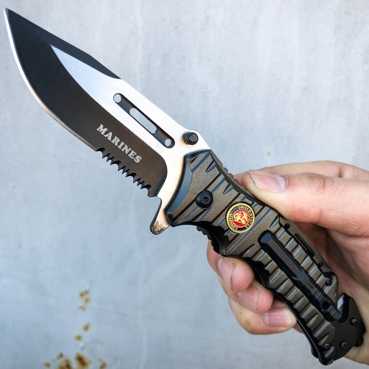 8.25" Military USMC MARINES Assisted Folding Rescue Pocket Knife Multi Tool NEW Defender Does Not Apply
