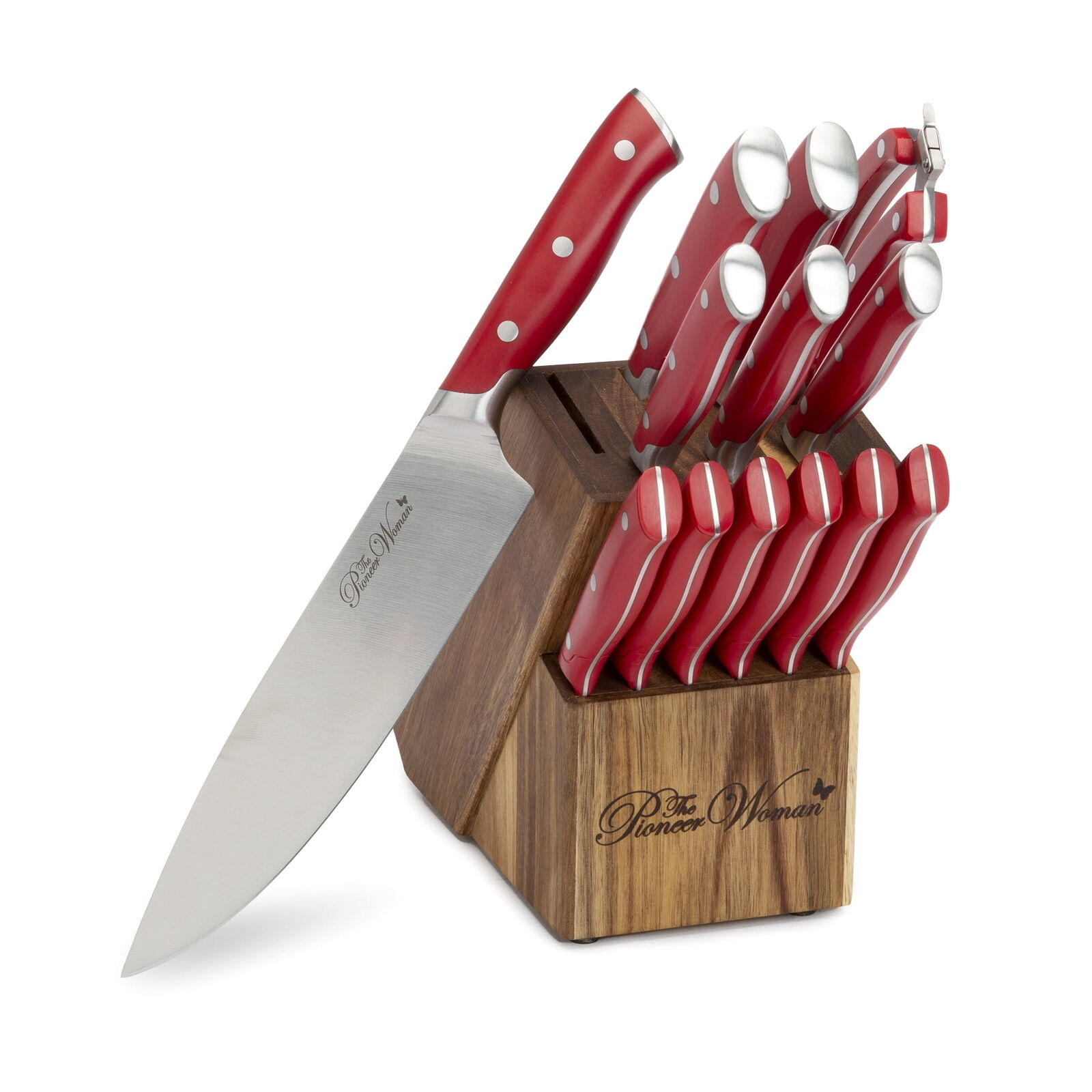 The Pioneer Woman Pioneer Signature 14-Piece Stainless Steel Knife Block Set,Red Does not apply