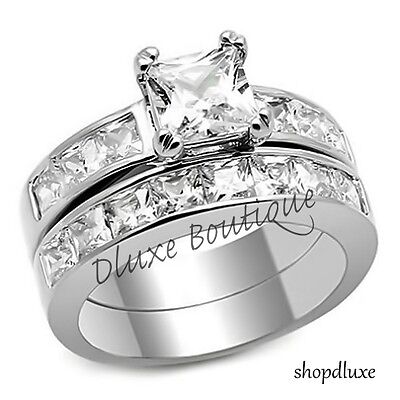 3.75 Ct Princess Cut AAA CZ Stainless Steel Wedding Ring Set Women's Size 5-10 Dluxe Boutique