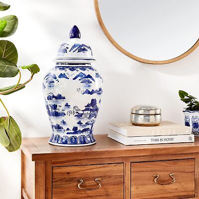 Oriental Furniture 18" Landscape Blue & White Porcelain Temple Jar Red Lantern BW-TJAR-BWLS - фотография #6