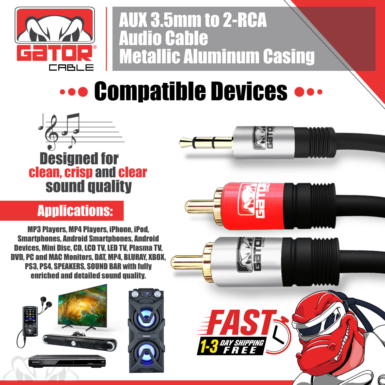 AUX Auxiliary 3.5mm Audio Male to 2 RCA Y Male Stereo Cable Cord Wire Plug Gator Cable AUX-3.5MM-To-2RCA-Cable - фотография #4