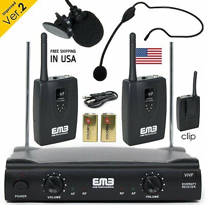 Professional Wireless Microphone System Headset / Lavalier 2 x Mic w/ Receiver EMB 53HL-Dual