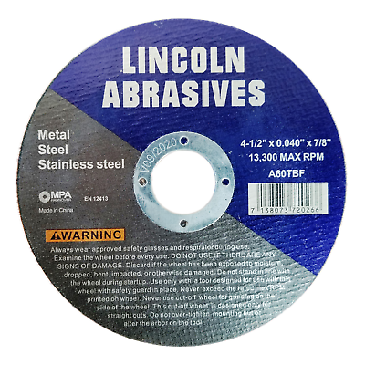 100 Pc 4-1/2" x .040" x 7/8" Cut off Wheels Stainless Steel Metal Cutting Discs Lincoln Abrasives 7138073750 - фотография #2