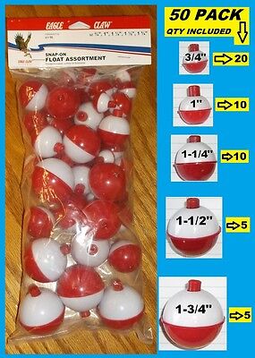 50 ASSORTED FISHING BOBBERS Round Floats RED & WHITE! SNAP ON FLOAT ASSORTMENT  Eagle Claw FSRWASST-50