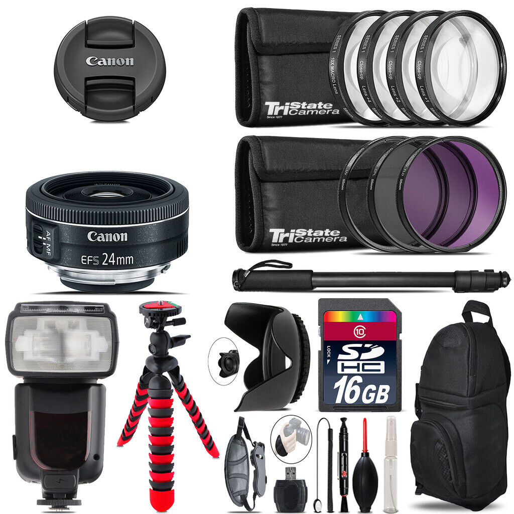 Canon EF-S 24mm f/2.8 STM Lens + Professional Flash & More - 16GB Accessory Kit Canon Does Not Apply