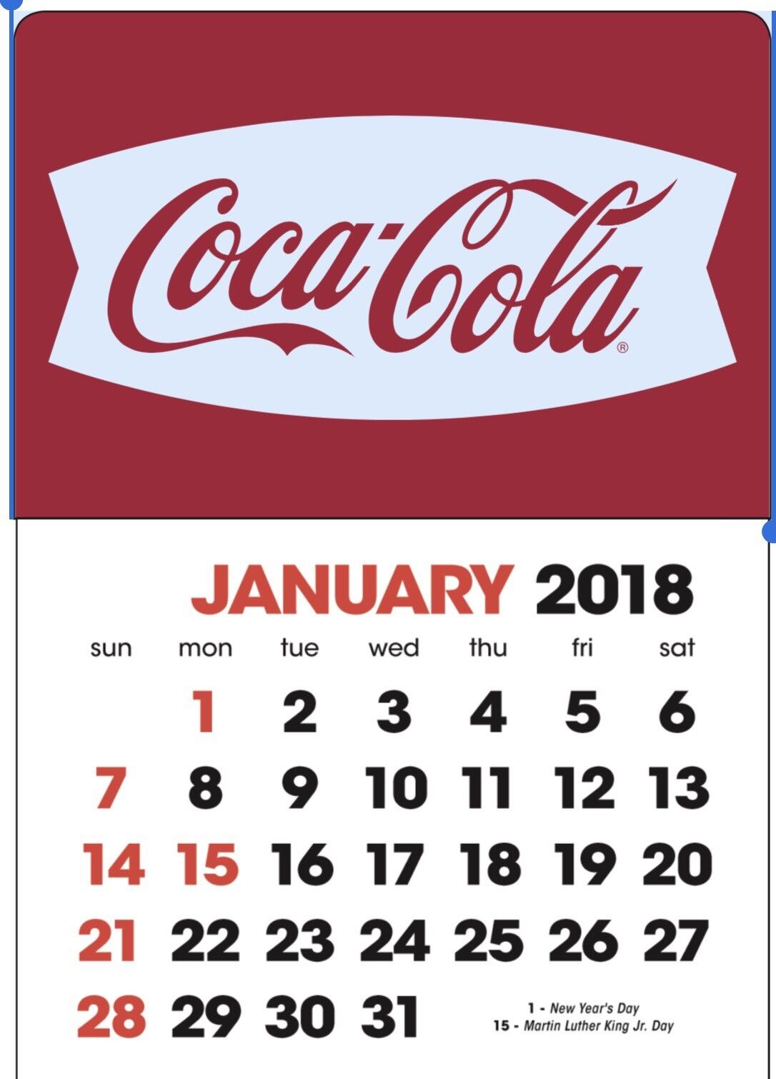 NEW 2018 white fishtail  Coke dash calendar Coca-Cola