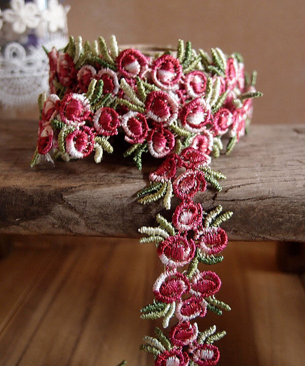 3/4" Vintage Red Rose Floral Embroidered Crochet Lace Trim Ribbon - 5 yards FANCYSUPPLY.COM