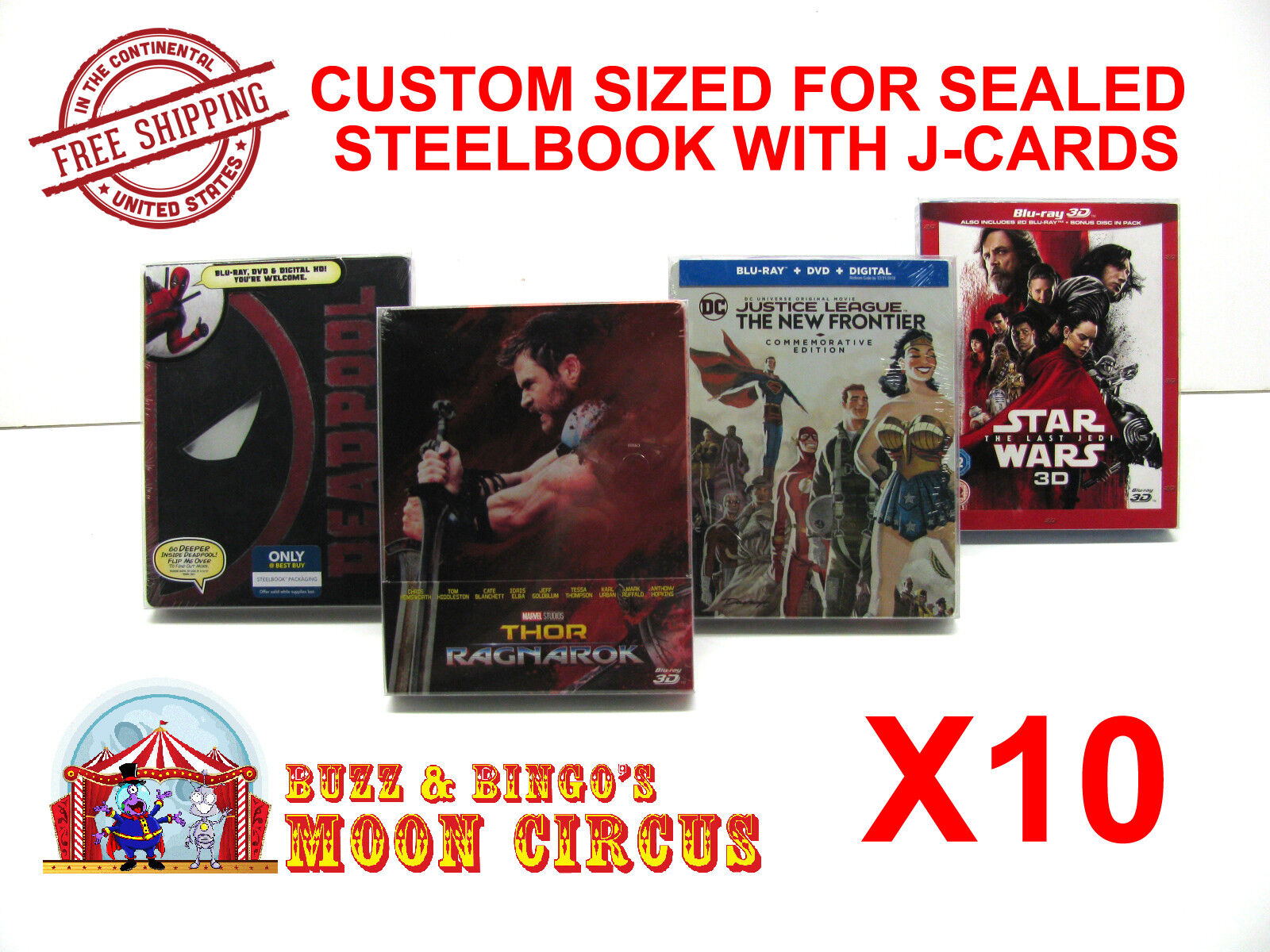 10x BLU-RAY STEELBOOK WITH J-CARDS (SIZE BR5) - CLEAR PLASTIC BOX PROTECTORS Dr. Retro Does Not Apply