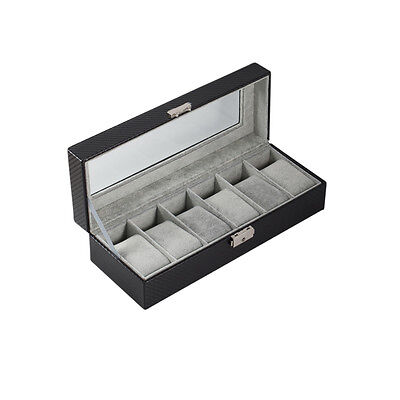6 Slot Carbon Fiber Watch Box Display Case Jewelry Organizer Case Holder - Black Plixio Does Not Apply - фотография #5