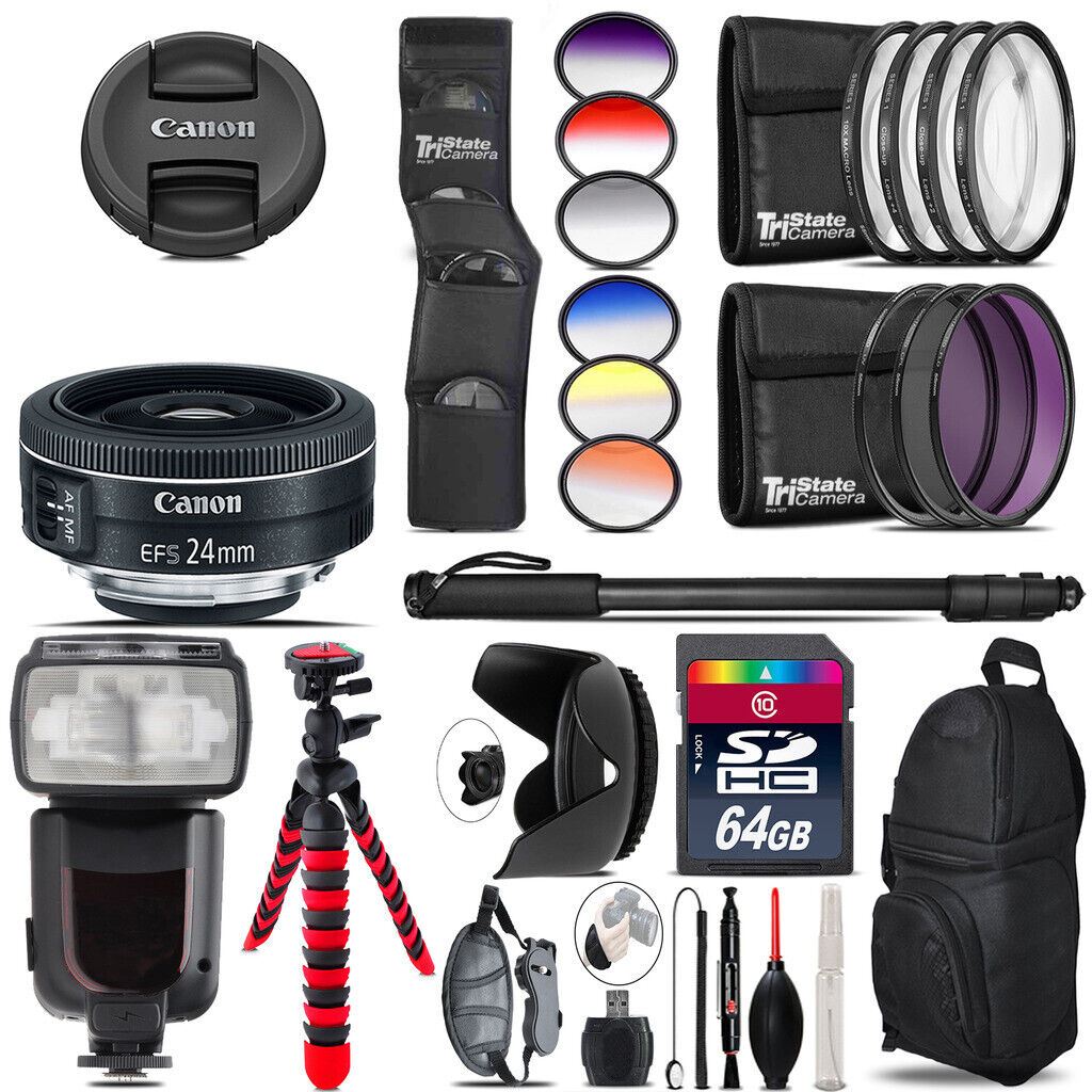 Canon EF-S 24mm f/2.8 STM Lens + Pro Flash + Filter Kit - 64GB Accessory Kit Canon Does Not Apply