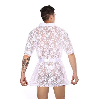 Men Sexy Lace Bathrobe Floral Mesh Lingerie Transparent Belted XX-Large White Does not apply Does Not Apply - фотография #4