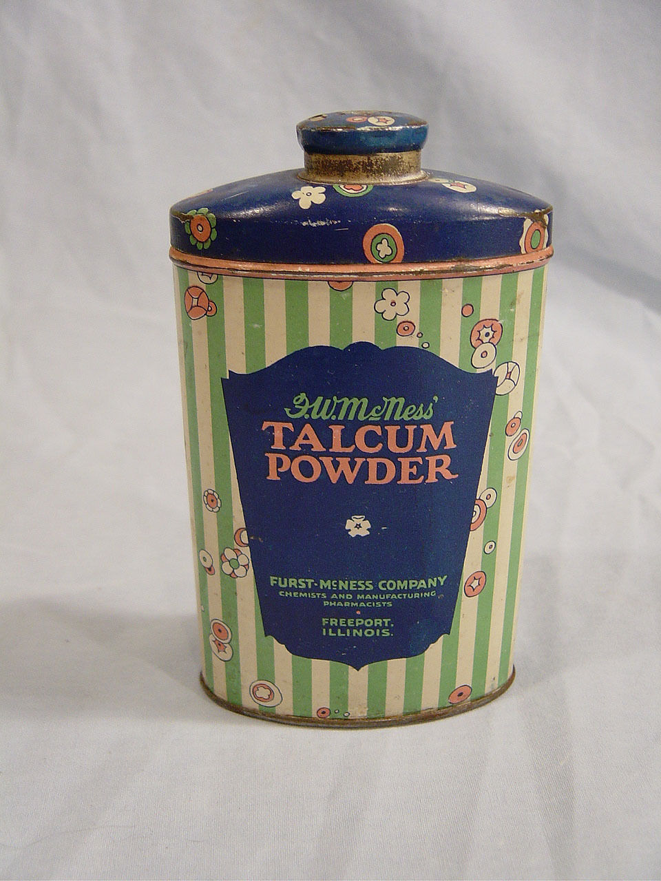 F. W. McNess' Talcum Powder Tin  by Furst - McNess Co. of Freepoort Illinois F. W. McNess