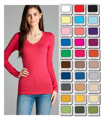 Womens T Shirt V Neck Long Sleeve Cotton Active Basic Light Weight CLOSE OUT  Active Basic