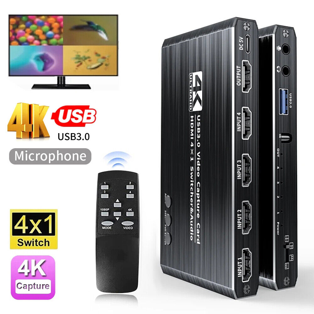 4 Port 4K Video Capture Card Audio USB 3.0 HDMI-compatible 4X1 Switcher Remote Unbranded - фотография #3