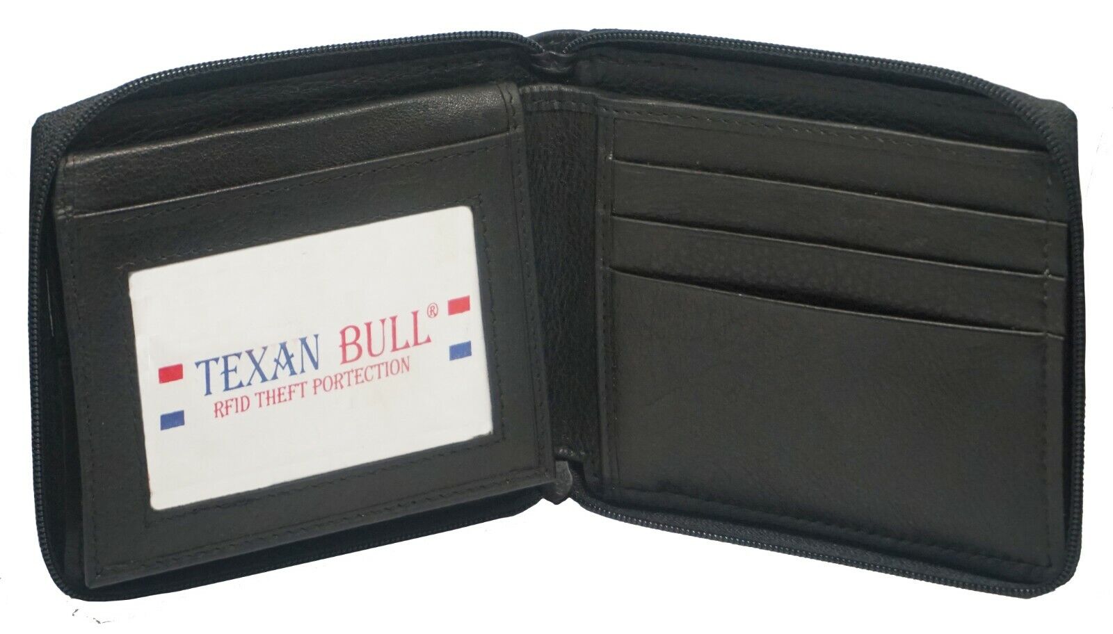 New Mens Bifold Zipper Around Leather Wallet Black Billfold With ID WindowZW5104 Texan Bull® - фотография #7