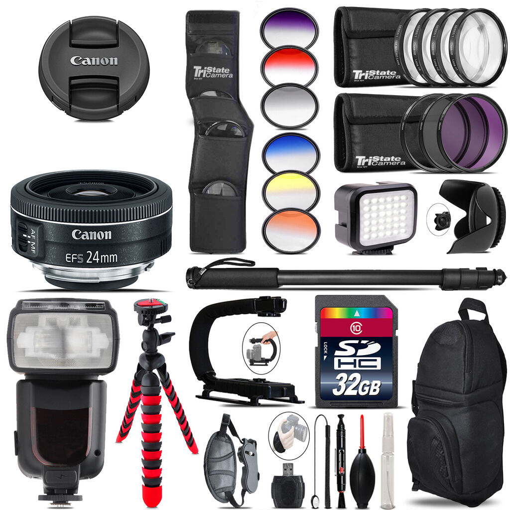 Canon EF-S 24mm f/2.8 STM Lens + Pro Flash + LED Light - 32GB Accessory Bundle Canon Does Not Apply