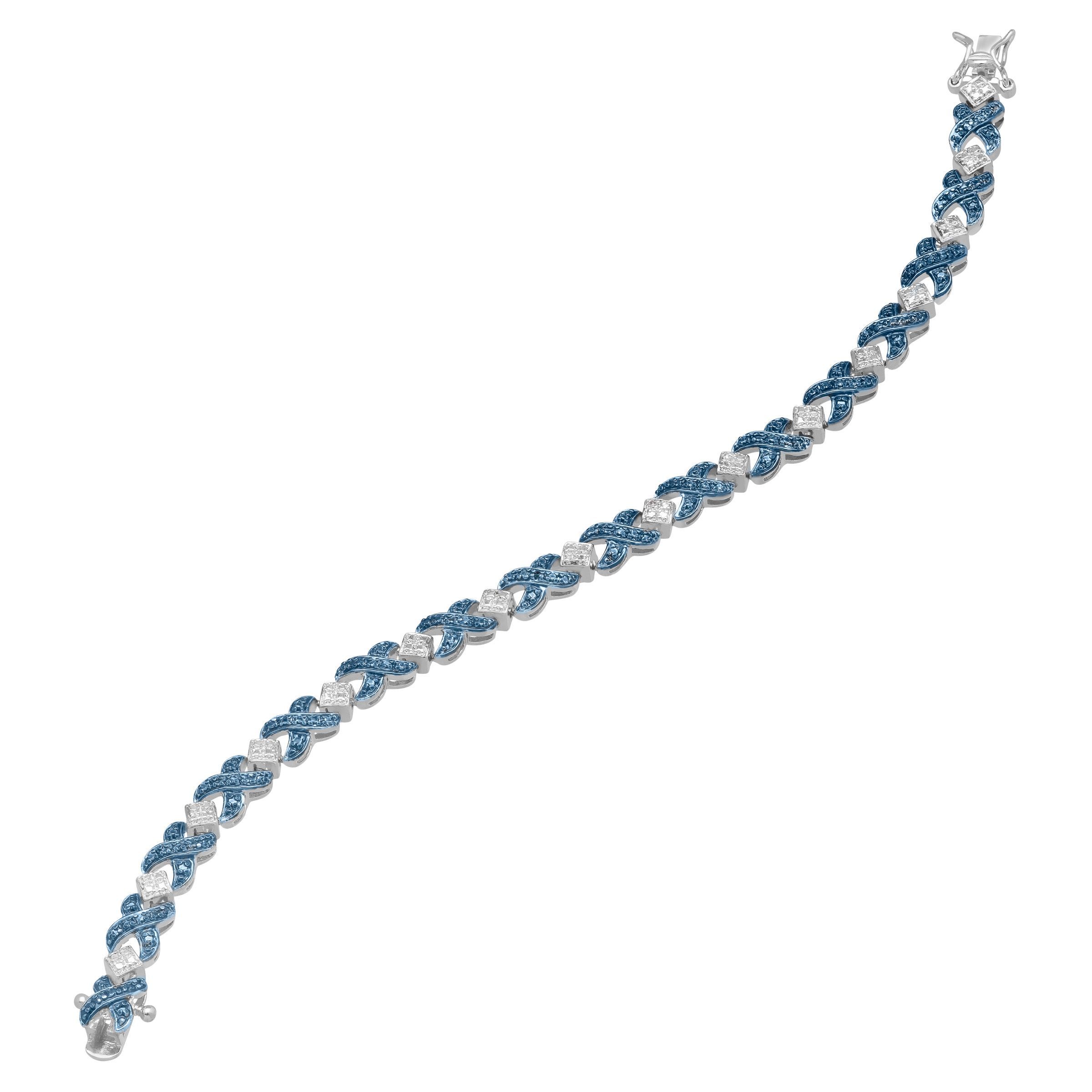 XOXO Tennis Bracelet with Blue Diamond in Sterling Silver-Plated Brass, 7 1/4" Finecraft - фотография #2