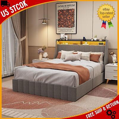 Queen for extra storage space size LED bed frame with winged headboard design Unbranded