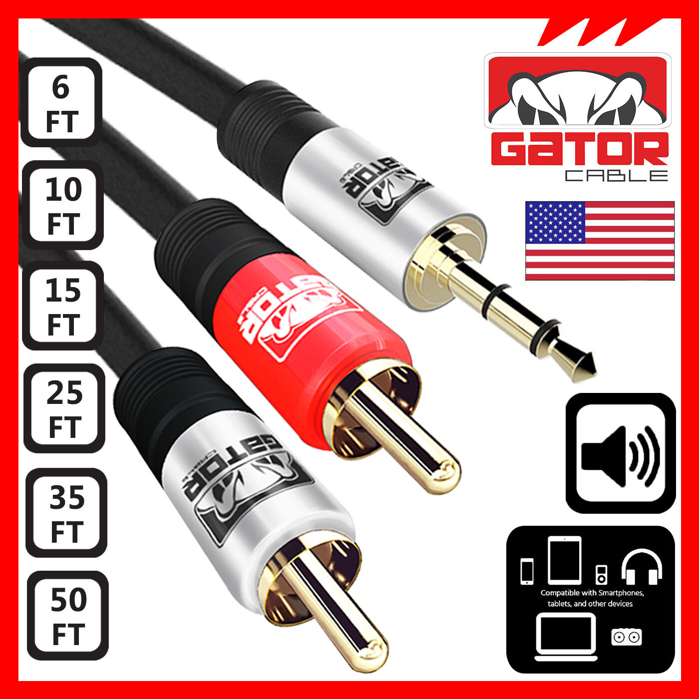 AUX Auxiliary 3.5mm Audio Male to 2 RCA Y Male Stereo Cable Cord Wire Plug Gator Cable AUX-3.5MM-To-2RCA-Cable - фотография #7