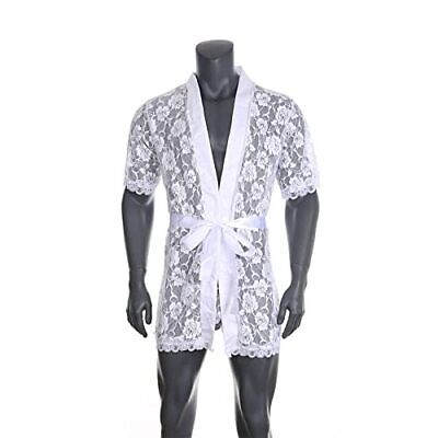 Men Sexy Lace Bathrobe Floral Mesh Lingerie Transparent Belted XX-Large White Does not apply Does Not Apply - фотография #6
