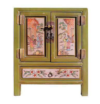 Chinese Oriental Distressed Mustard Green Flower End Table Nightstand cs2303 Golden Lotus Does Not Apply