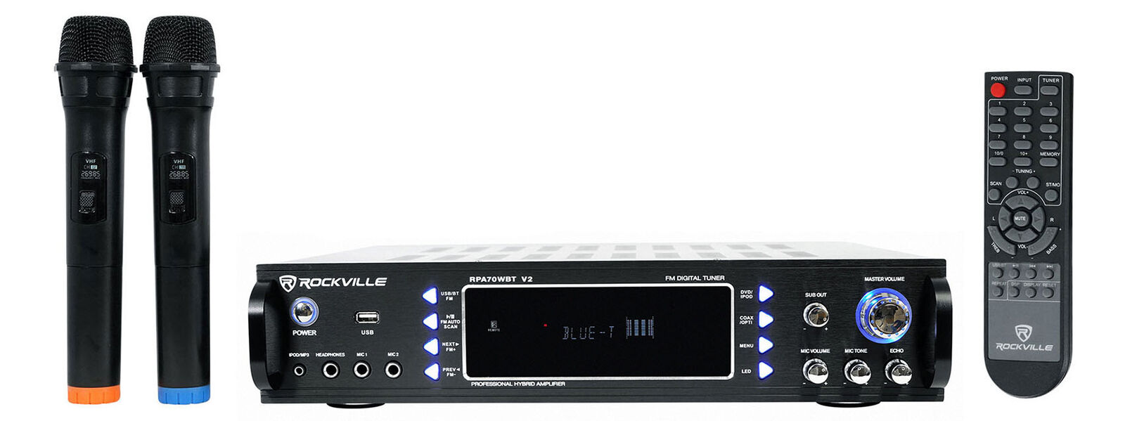 Rockville RPA70WBT 1000w 2-Ch Bluetooth Karaoke Amplifier/Mixer+Wireless Mics Rockville RPA70WBT KAR