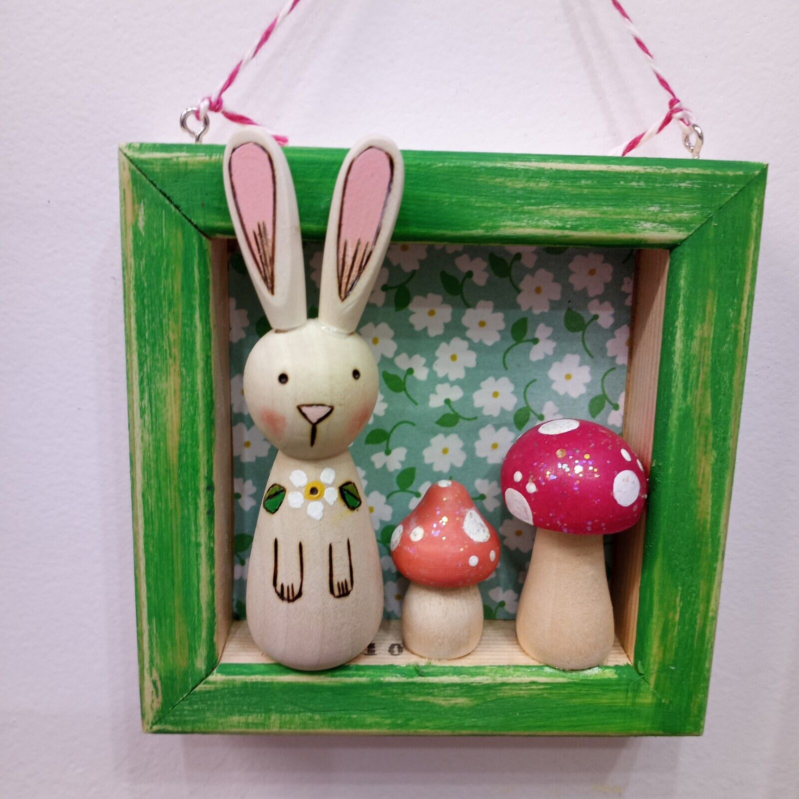 Wood Burned Bunny & Mushrooms Shadow Box Wall Hanging Nursery Art Baby Shower Handmade - фотография #2