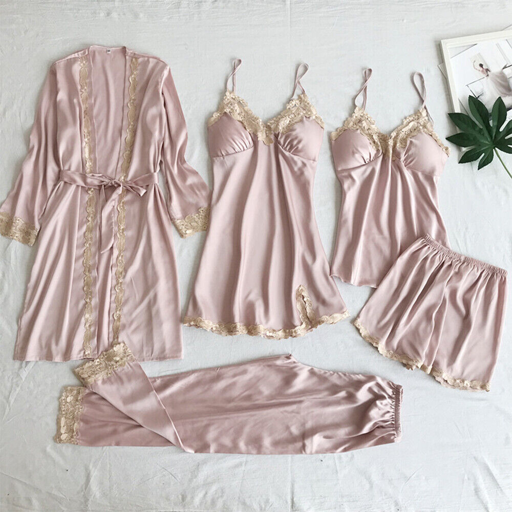 5pcs Women Satin Silk Bathrobe Nightdress Shorts Pajamas Sleepwear Lingeries Set Unbranded Does Not Apply - фотография #12
