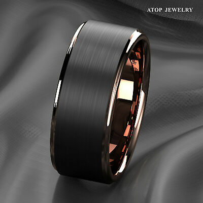 Tungsten Carbide ring rose gold black brushed Wedding Band Ring men's jewelry ATOP - фотография #4